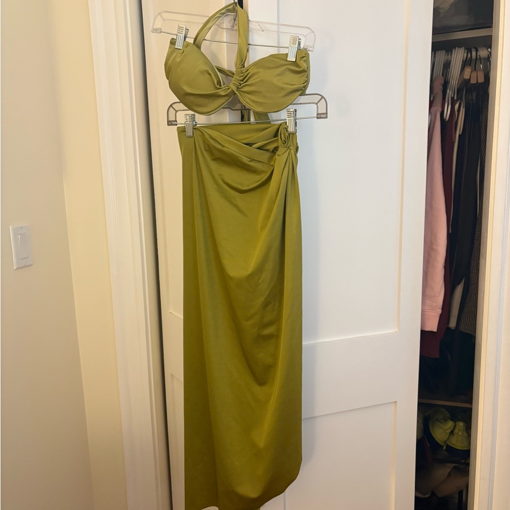 Olive Green Bandeau Maxi Dress — Two-Piece Swim-Inspired Set